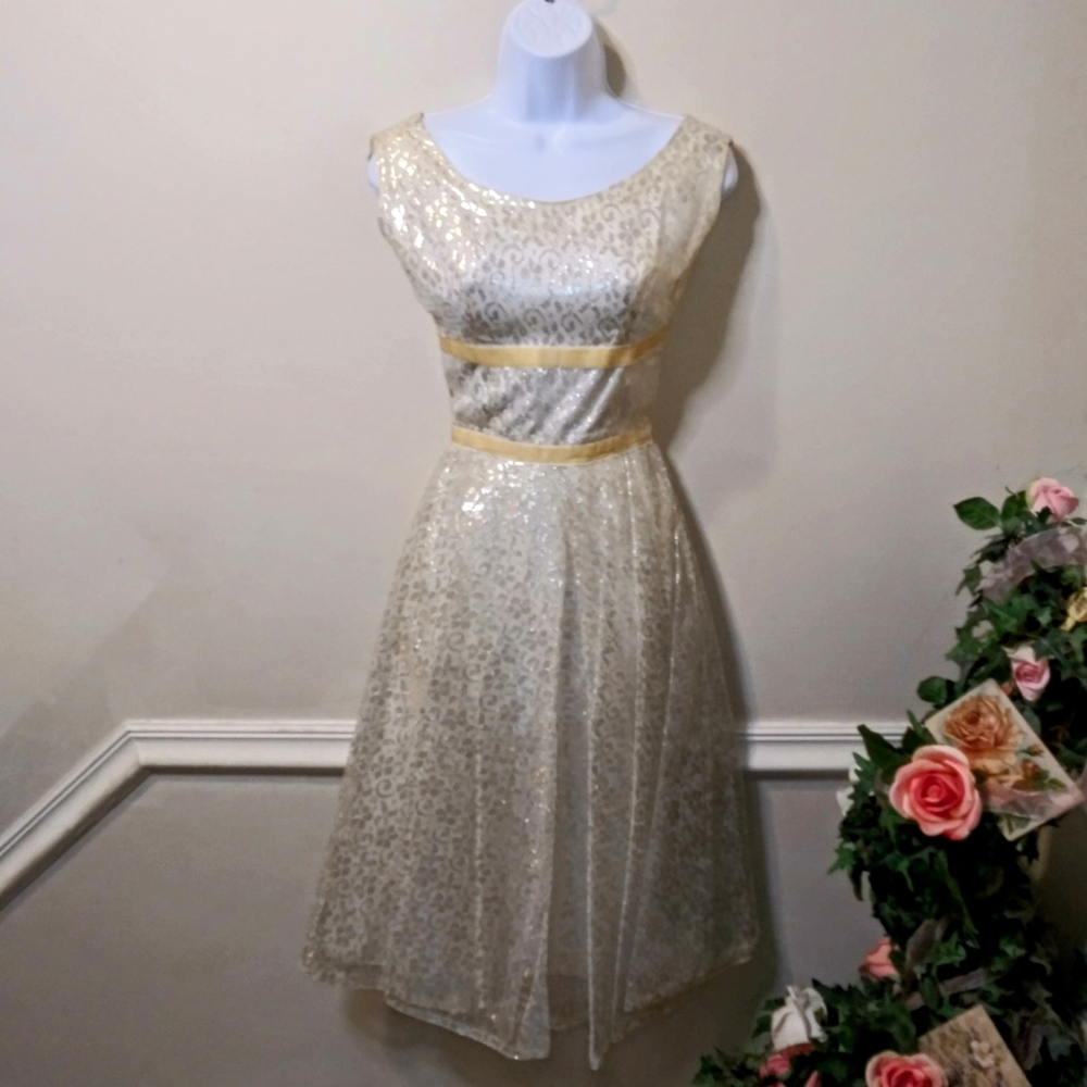 Vintage 1950's Handmade Silver Lace & Ivory Velvet Sleeveless Cocktail Dress